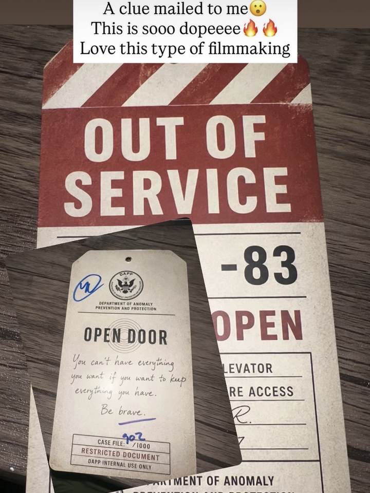 A supporter's story showing the reverse of the OPEN DOOR clue #1 tag: “You can't have everything you want if you want to keep everything you have. Be brave.” Case file 902 of 1000